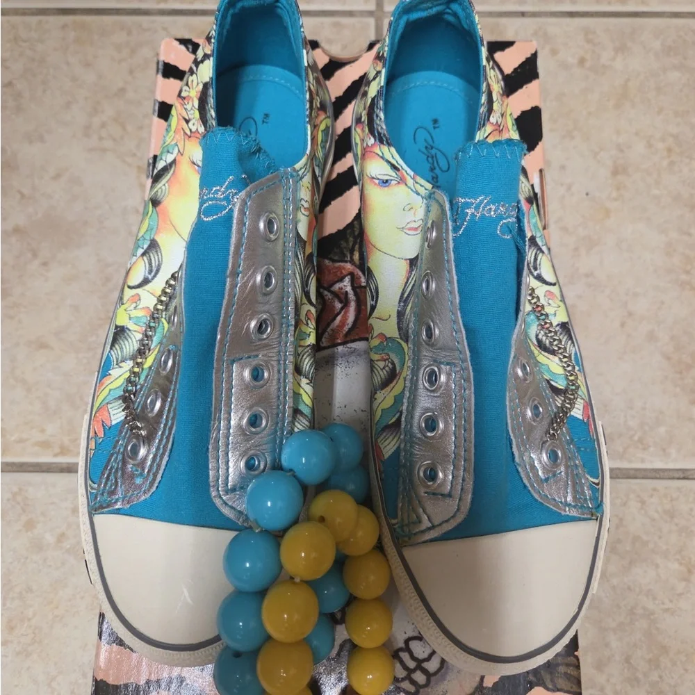 Ed Hardy women’s canvas Teal Floral Slip-On Sneakers Y2K brand New - Picture 3 of 6